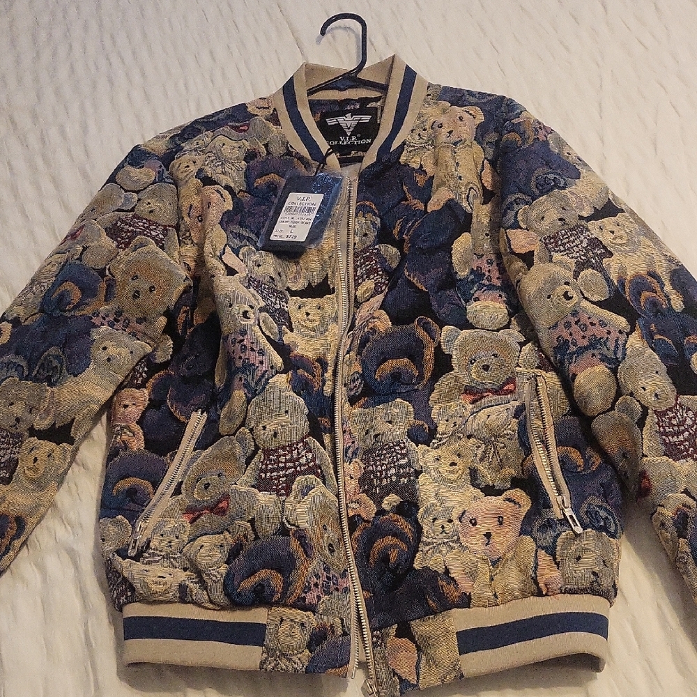VINTAGE ICON Teddy Bear Pattern Bomber Jacket - Multicolor